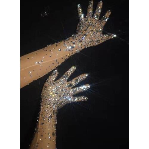 Fashion Stretch Rhinestone Gloves Women Sparkling Crystal Mesh Perspective Long Gloves Nightclub Dancer Singer Stage Accessories