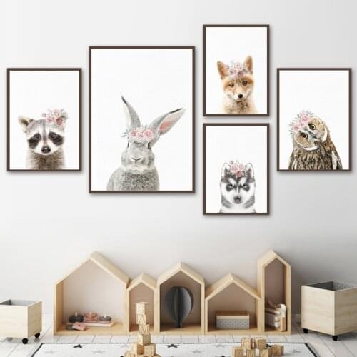 Wall Pictures Baby Girl Room Decor Flower Rabbit Fox Bear Raccoon Husky Owl Nursery Wall Art Print Canvas Painting Nordic Poster