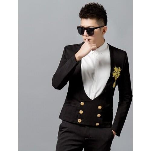 Autumn New Mens Blazer Nightclub Tide Male Personality Slim Embroidered Badge Small Suit Men Fashion Double-breasted Court Coat