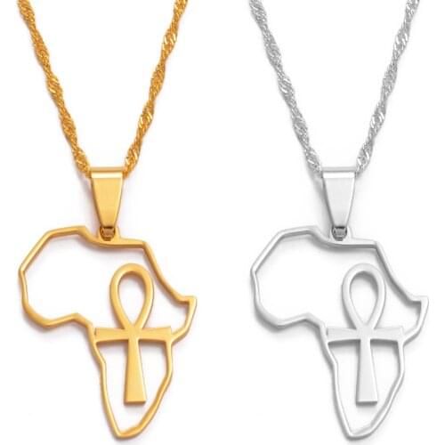 Anniyo Africa Map & Ankh Pendant Necklace Women Girl Gold Color Jewelry African Maps Chains Egyptian Symbol Cross #121521