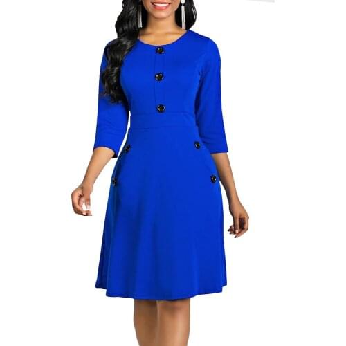 Summer Dress Women 2021 Elegant Office Ladies Casual Plus Size O Neck Three Quarter Sleeve High Waist Solid Buttons A-Line Dress