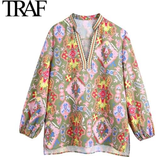 Traf Za Women Fashion Pullover V-neck Loose Long Sleeve Blouses Female Vintage Printed Shirts Office Ladies Tops Mujer