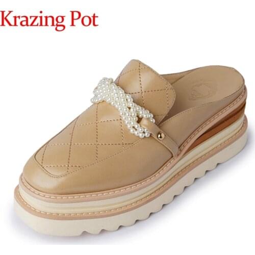 Krazing pot genuine leather round toe thick bottom pearl rivets high fashion beauty lady slip on outside slipper shoes women L53