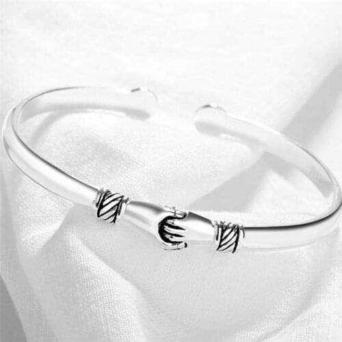 Shake Hands Retro Simple Gift 925 Sterling Silver Temperament Female Trendy Resizable Opening Bangles SBR012