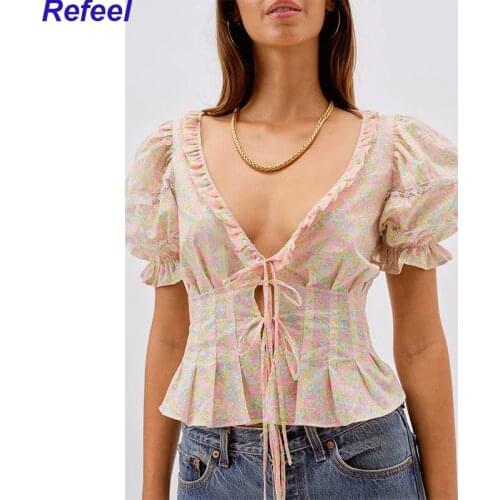 Sweet Floral Print Crop Top Women Sexy V Neck Front Lace Up Tank Top Holiday Summer Tops Ladies Puff Sleeve Casual Blusas Camis