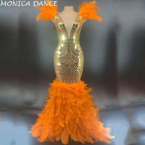 Sexy Gold Rhinestones Orange Feather Dress Women Birthday Long Dresses Evening Party Women Bar Singer Sexy Costume Dress