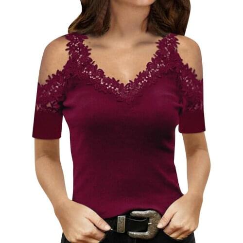80%HOT Summer new ladies short-sleeved lace side V-neck exposed clavicle short-sleeved slim and elegant ladies off-shoulder slin