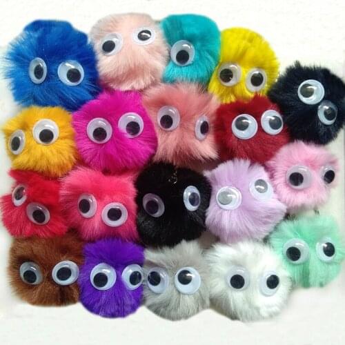 20Colors Cute Eye Pompon Key Chain Fluffy Fake Fur Ball Key Ring Pendant Bag Charming Car Key Holder Personality Gifts 100 pcs