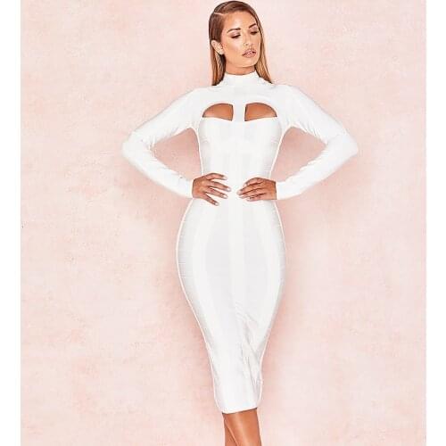 2021 Winter Knitted Long Sleeve Hollow Out Hole Bodycon New Fashion Sexy Women Celebrities Long Bandage Dress White