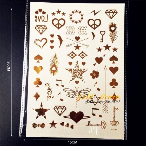 25 Styles Flash Gold Metallic Finger Tattoo Waterproof Small Poker Key Melody Dragonfly Tatoo Body Art Temporary Tattoo Stickers