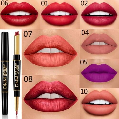 DNM 2 In 1 12 Colors Lipstick Matte Shimmer Lip Liner Pencil Waterproof Moisturizing Lip Glaze Natural Easy To Color TSLM2