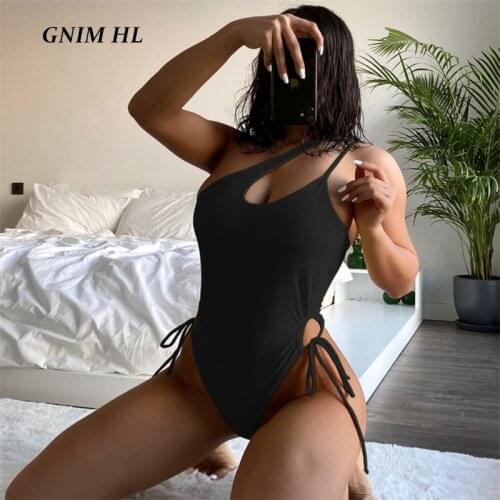 GNIM Sexy Solid Swimwear Women One-Piece Drawsrting One Shoulder Swimsuit Female 2021 Beachwear Push Up Womens Swimming Suit