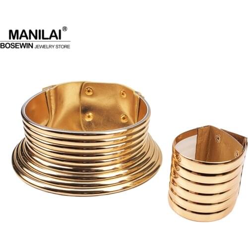 MANILAI Oversized African Jewelry Set Women Vintage Leather Necklaces Bracelets Statement Jewelry Set Adjustable Choker Bangle