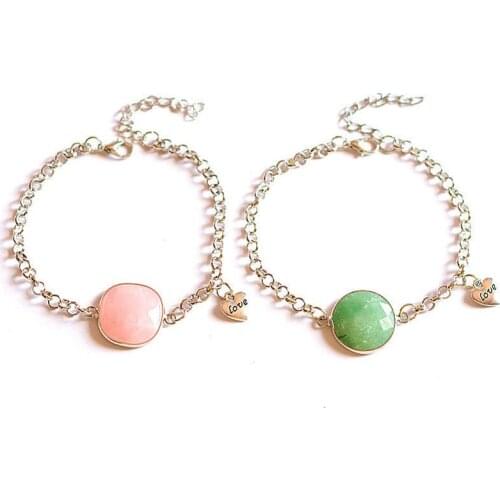 Round Pink and Green Stone Bracelet Goldtone Setting Metal Chain with Extender and Love Charm Irregular Stone Filigree Desi