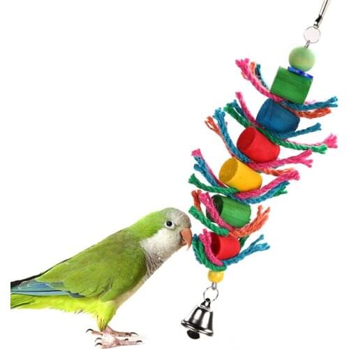 Pet Parrot Chew Toy Bird Perch Colorful Wood Building Block Cotton Rope Big Conure Swing For Pet Birds Supplies
