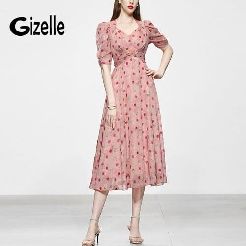 Gizelle Runway Fashion Designer Floral Print A Line Party Dinner Dresses Sweet Lady Girl Pink Flower Summer Casual Vestidos Robe