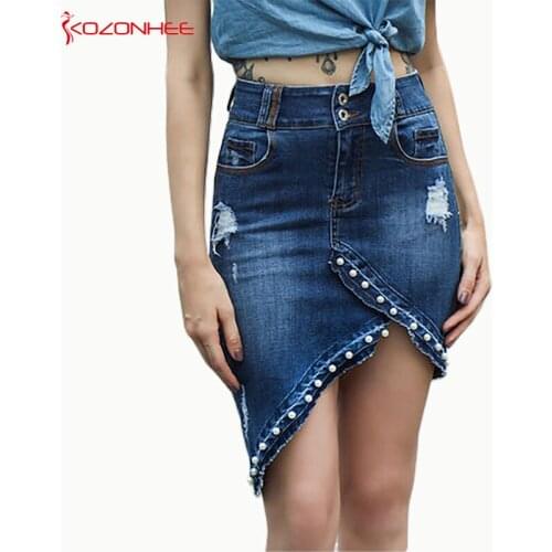 Fashion Ripped Denim Skirts With High Waist Pencil Embroidered Flares Women Skirt for Female #078