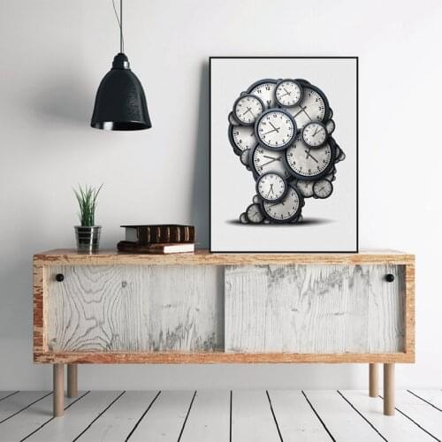 Thinking Time Concept Art Print Poster , Abstract Clock Objects Deadline Pressure Picture Canvas Painting Modern Decoration