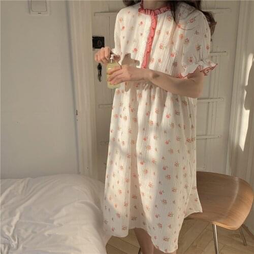 Summer Soft New Ruffles Floral Print Nightgowns Women Sleepwear Home Clothes Dress Short Sleeve Cotton Sleepdress Ins Style