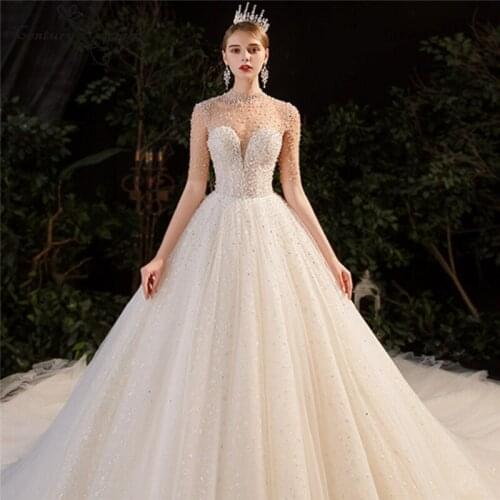 Luxury Wedding Dresses Ball Gown Lace Pearls High Neck Button Back Long Sleeve Princess Bridal Gowns Plus Size Vestido De Noiva