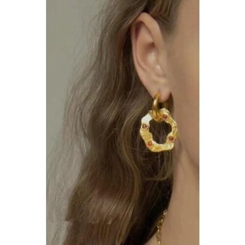 TIMEONLY Retro Red Color Crystal Circle Dangle Earring French Style Golden Metal Earrings for Women Ladies Festival Jewellery