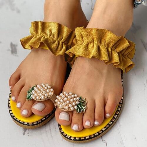 Women Shoes Pearl Ruffles Bohemian Slippers Summer Beach Slides Female Sandals Flat Flip Flops Home Slippers Sandalias