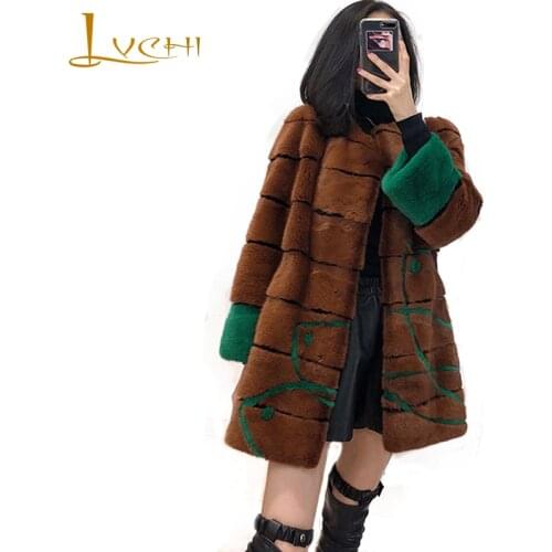 LVCHI Winter 2019 Womens Patchwork Print Slim Mink Coat Natural Fur Nine Quarter Mink Coat Medium Imported Velvet Mink Fur Coat