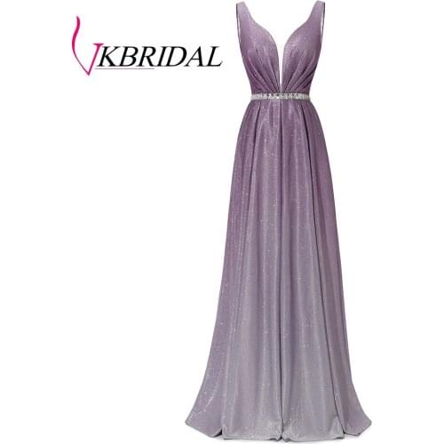 VKBRIDAL Ombre Glitter Prom Dresses 2019 Plunging V Neck Beaded Waist Backless Evening Gown Gradient Color Vestido Formatura