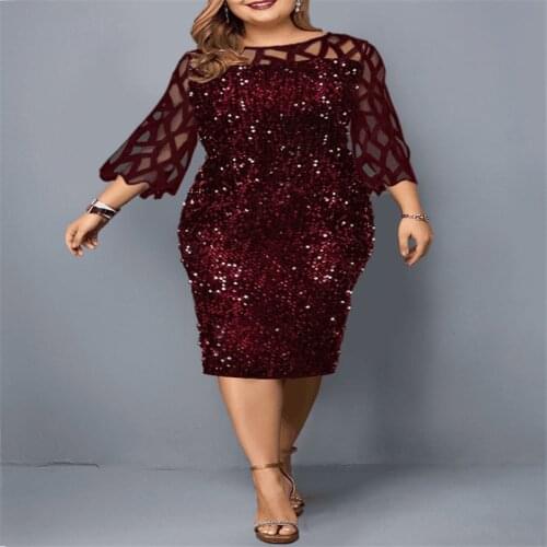 Plus Sizes 5xl Round neck Three Quarter mid-length mesh splicing stitching bright Slim party dress