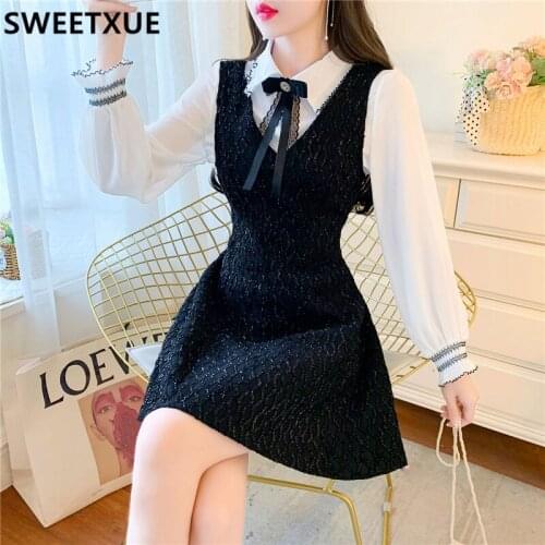 SWEETXUE 2021 Autumn French Puff Sleeve Bow White Shirt + Tweed Sequined Vest Dress Elegant Chic Two-piece Set Womens