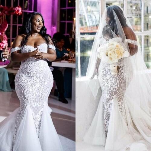 Plus Size African Mermaid Wedding Dresses Vestido de Noiva Off Shoulder Lace Bridal Gowns Custom Made Robe De Mariage