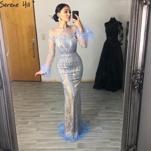 Serene Hill Dubai Luxury Blue Mermaid Evening Dress Long Sleeve Feathers Sequins Evening Gown 2020 CLA60932