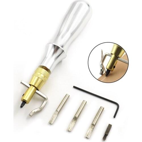 1Set Multi-function Leather Grooving Tool 5-in-1 Aluminum Handle Trimmer Leather Edge Scribing Device DIY Leather Craft Tool Kit