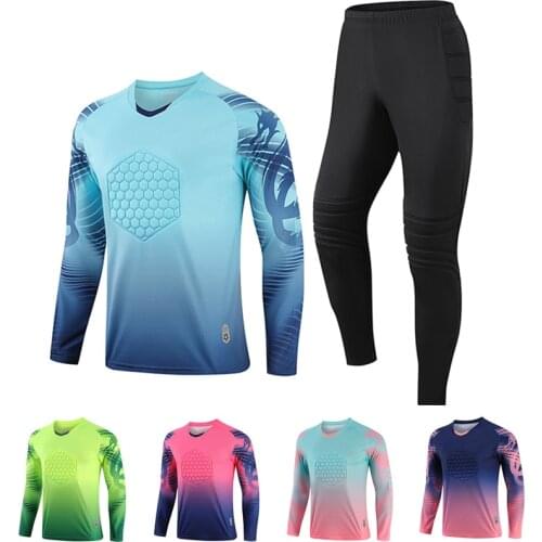 2021 New Mens Football Training Goalkeeper Uniform Suit Adult Soccer Jersey Set Long Sleeve and Protective Sponge Shirt Pants