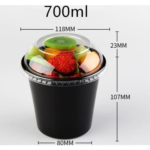 50pcs High quality black disposable plastic cups 280ml/450ml round fruit yogurt salad food takeaway packaging bowl with lid