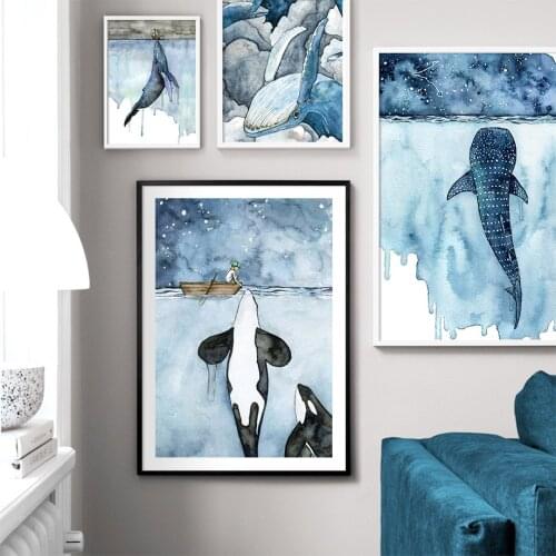 Shark Whale Ocean Sky Killer Whale Cartoon Wall Art Diamond Painting Nordic Prints Wall Baby Kids Room Decor