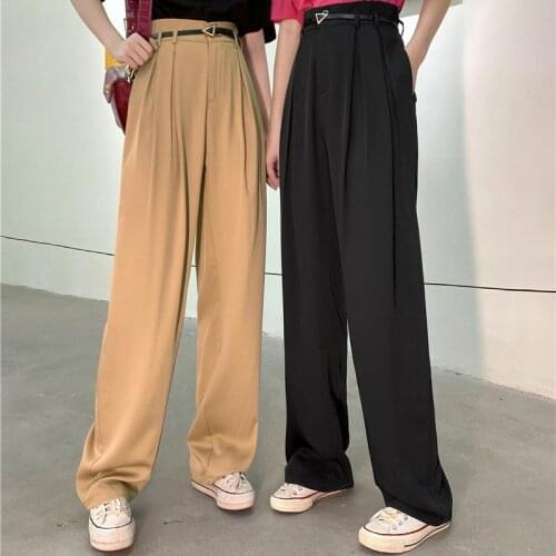 2021 Spring Summer High Waist Loose Straight Leg Pants Khaki Black Drape Trousers Suit Women Wide Leg Casual Pants for Female
