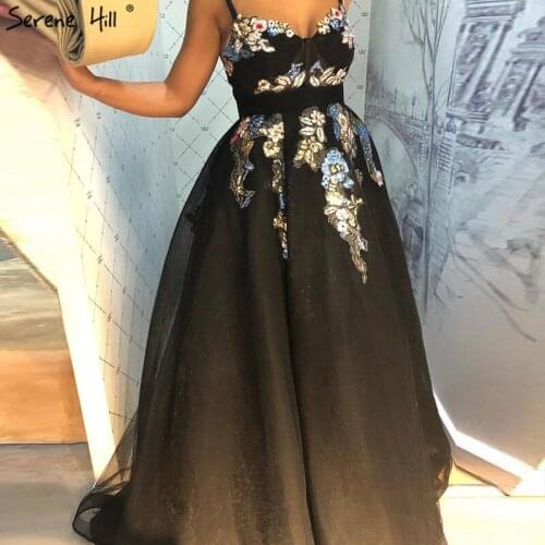 Black Sexy Handmade Flowers Sequies Prom Dresses 2019 Sleeveless A-Line Long Prom Gowns Serene Hill DLA70276