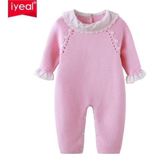 IYEAL Newborn Baby Girls Pink Knit Romper Ruffled Cuff Baby Clothes Cute Infant Toddler Girls Princess Outfits