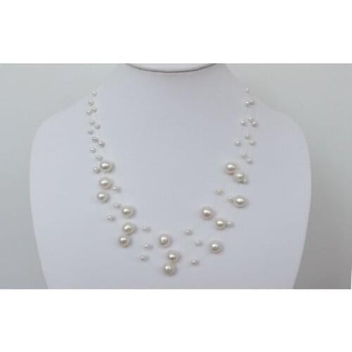Elegant Genuine Pearl Jewellery,Charming Multistrand White Color Freshwater Pearl Illusion Necklace,3Rows Real Pearls