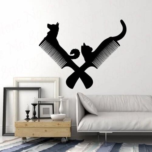 Art Vinyl Wall Decal Pet Grooming Beauty Salon Comb Dog Cat Animals Mural Wall Sticker WL1888