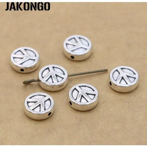 JAKONGO Antique Silver Plated Peace Sign Spacer Beads for Jewelry Making Bracelet Accessories DIY 10mm 20pcs/lot