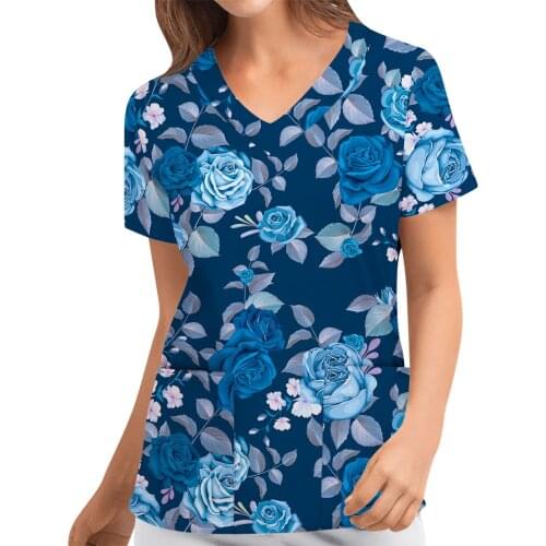 Clinical Uniforms Woman 2021 Women Short Sleeve V-neck Floral Pattern Tops Nursing Working Uniform T-shirts Sexy Nurse Scrubs
