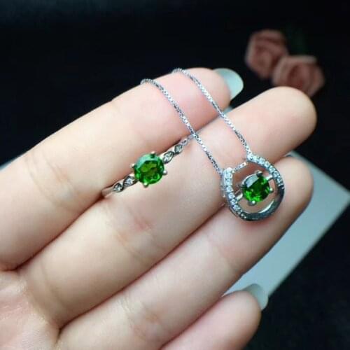 Natural green diopside gem Ring Pendant Natural Gemstone Jewelry Set 925 Silver Fashion Small round girl party gift fine jewelry