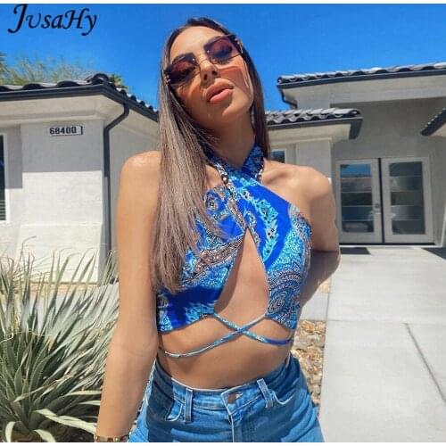 JusaHy Bohemian Print Lace Elastic Sexy Halter Crop Top Summer Clothing for Women Fairy Grunge Beach Style Sleveeless Y2K Tops