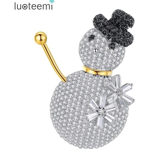 LUOTEEMI New Fashion White Gold Color Gorgeous Tiny CZ Crystal Paved Cute Snowman Brooch Pin For Women Kids Christmas Gift