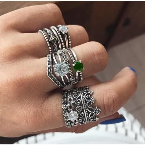 Miss JQ 12pcs/set Vintage Silver Color Green Crystal Rings Set for Women Flower Heart Midi Knuckle Rings Girls Party Jewelry