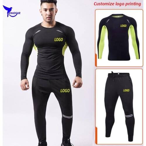 2020 Long Sleeve Shirt+Sweatpants 2 Pcs Sports Suit Men Quick Dry High Stretch Running Set Workout Sportswear Tracksuit Custom
