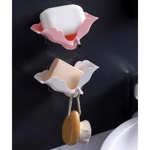 Flamingo Soap Dishes Drain Suction Cup Soap Box Wall-mounted Multifunctional Storage Shelf with Hook Bathroom Accessories