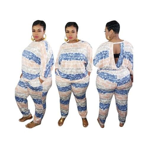 Autumn New Plus Size Women Fashion Striped Printed Loose Two Piece Sets Casual Ladys O-Neck Full Sleeve T-Shirts Pants Sets